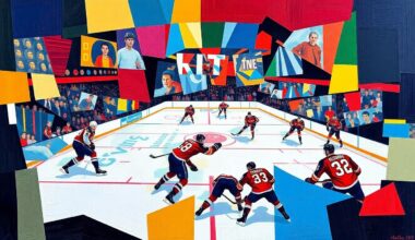 A cubist-style painting depicting a hockey game between the Washington Capitals and New Jersey Devils, with the players and action broken down into sharp, overlapping geometric shapes and planes in the teams