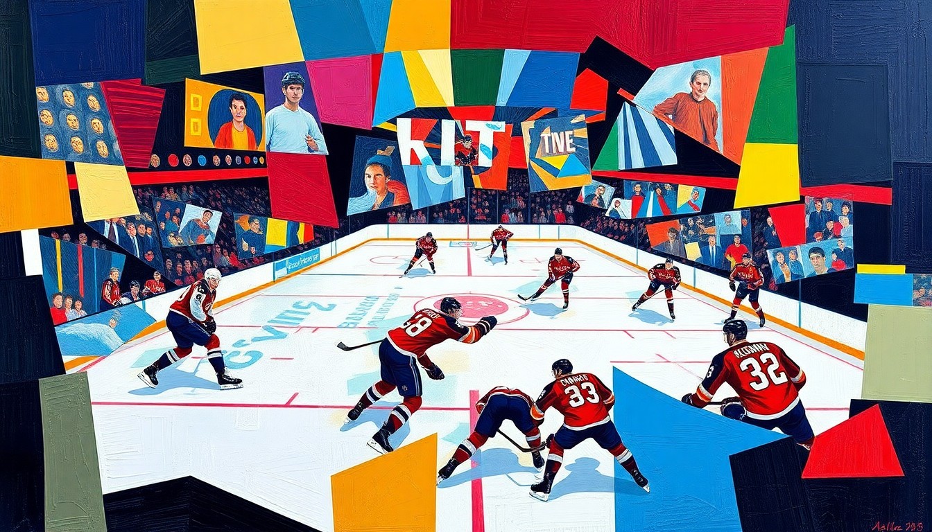 A cubist-style painting depicting a hockey game between the Washington Capitals and New Jersey Devils, with the players and action broken down into sharp, overlapping geometric shapes and planes in the teams