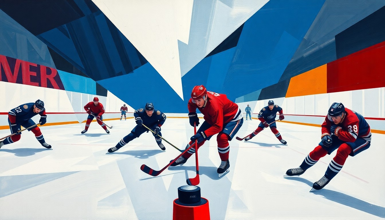 A cubist, geometric painting depicting a hockey game broken down into overlapping planes of navy, crimson, and silver, capturing the dynamic movement and energy of the sport.