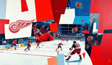 A cubist, geometric painting depicting a hockey game between the Detroit Red Wings and Philadelphia Flyers, with sharp, overlapping planes of color representing the action on the ice.
