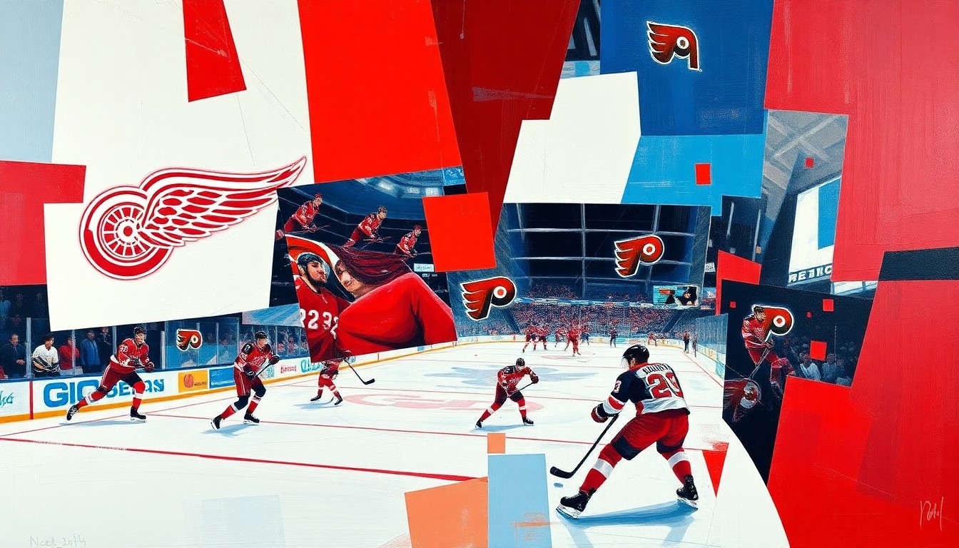 A cubist, geometric painting depicting a hockey game between the Detroit Red Wings and Philadelphia Flyers, with sharp, overlapping planes of color representing the action on the ice.