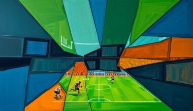 A cubist, geometric painting depicting a fragmented, multi-angled view of a sports game or match, using sharp planes of navy, green, and orange to conceptually represent the changing dynamics of media distribution for local teams.