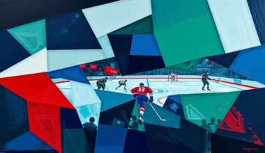 A cubist, geometric painting depicting a hockey game or match broken down into overlapping planes of navy blue, forest green, and crimson red, conveying the fractured nature of the Blackhawks