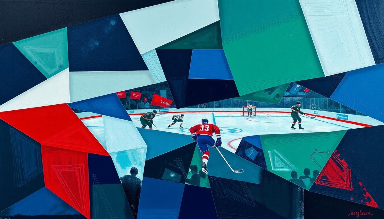 A cubist, geometric painting depicting a hockey game or match broken down into overlapping planes of navy blue, forest green, and crimson red, conveying the fractured nature of the Blackhawks