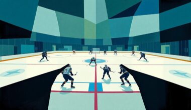 A fractured, cubist-style painting depicting a hockey game, with the players and ice represented as abstract, angular shapes in a palette of blues, greens, and grays, conveying the Oilers