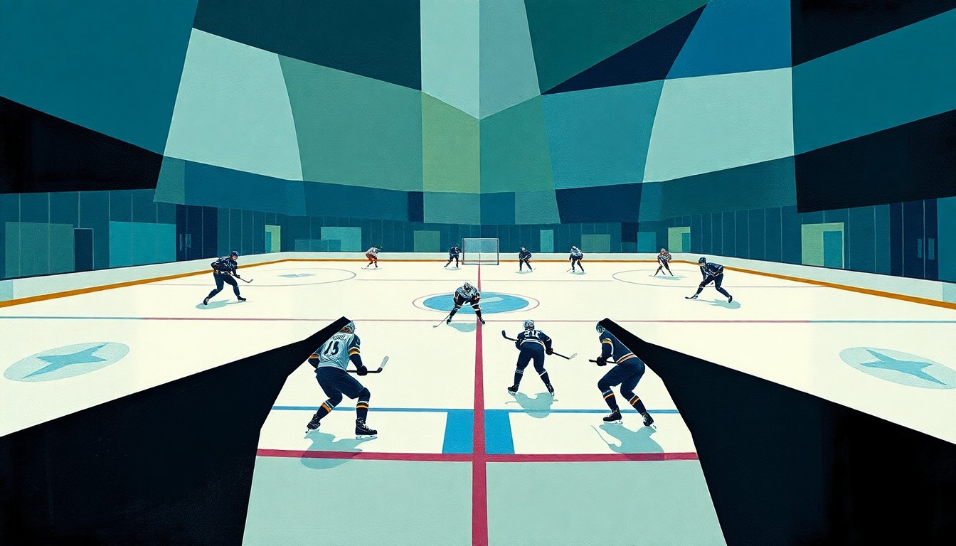 A fractured, cubist-style painting depicting a hockey game, with the players and ice represented as abstract, angular shapes in a palette of blues, greens, and grays, conveying the Oilers
