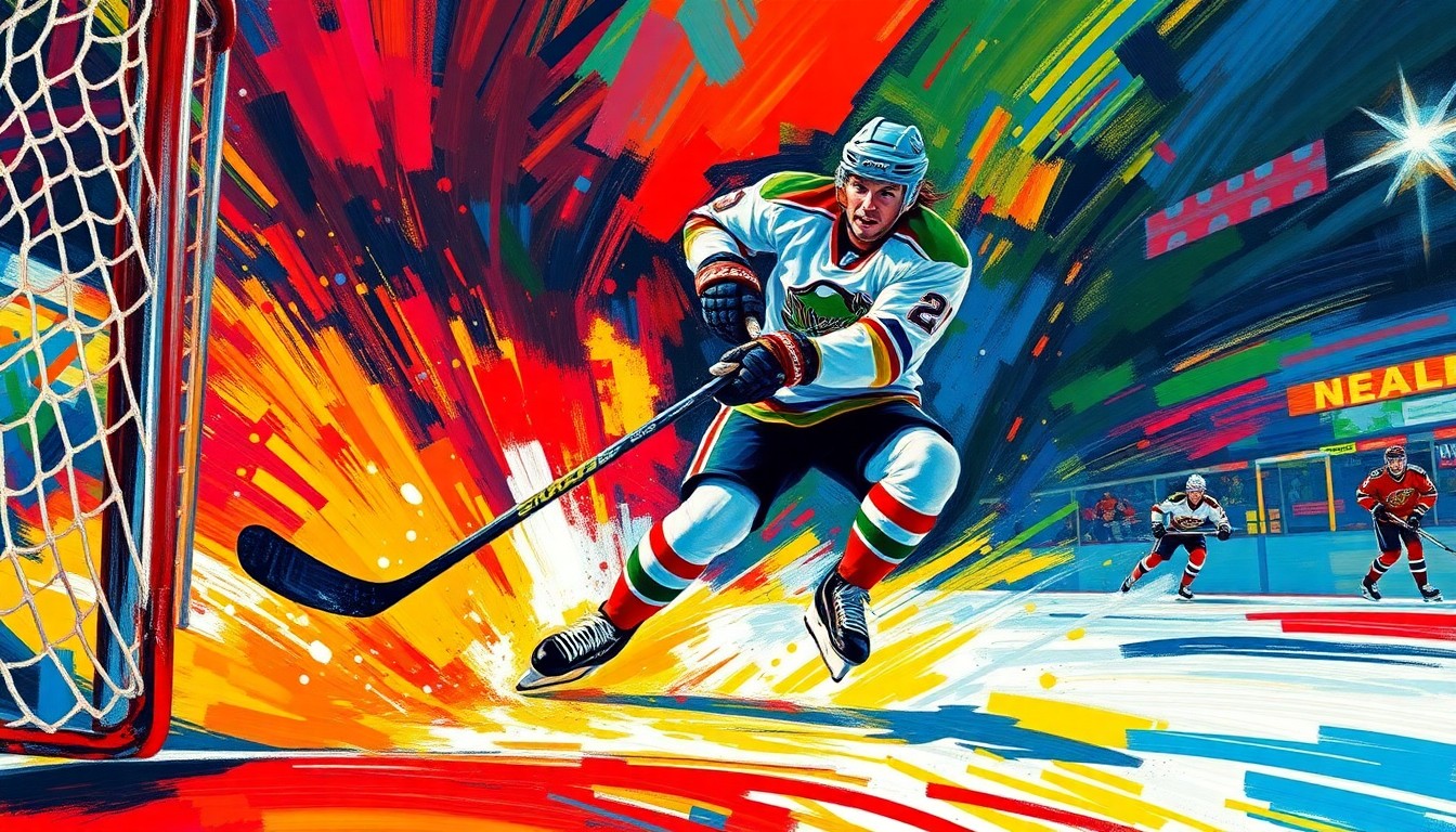 An abstract, energetic painting in neon colors depicting a hockey player scoring a goal, with the player