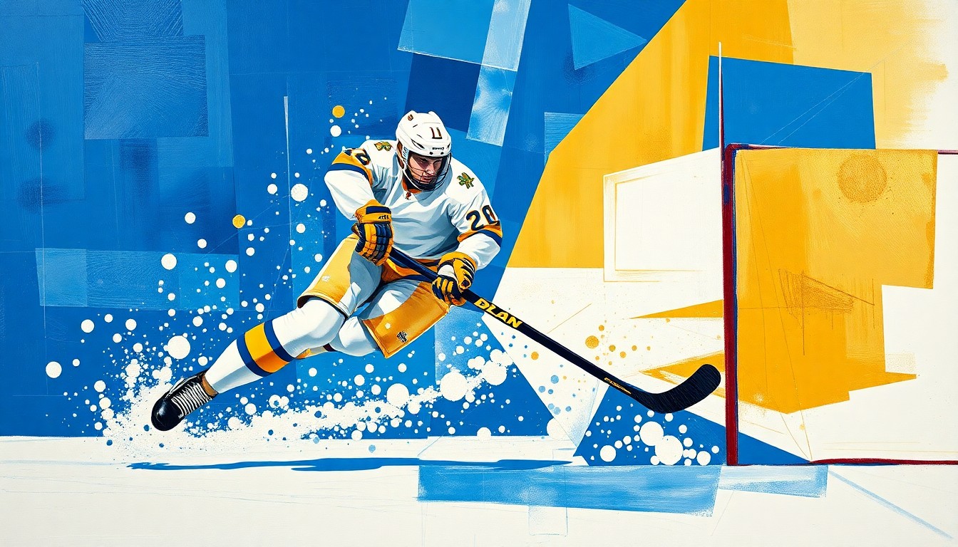A cubist, geometric painting depicting a hockey player scoring a goal, with the player