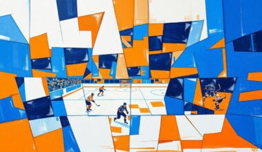 A cubist, geometric painting depicting a hockey game, with sharp, overlapping shapes in vibrant blue, orange, and white colors representing the fast-paced action on the ice.