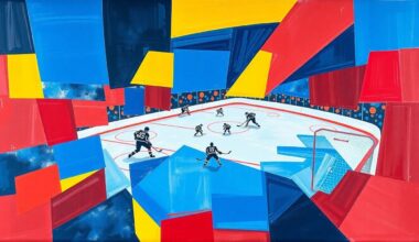 A cubist, geometric painting depicting a hockey game, with the players and arena broken down into sharp, overlapping shapes in a vibrant color palette.