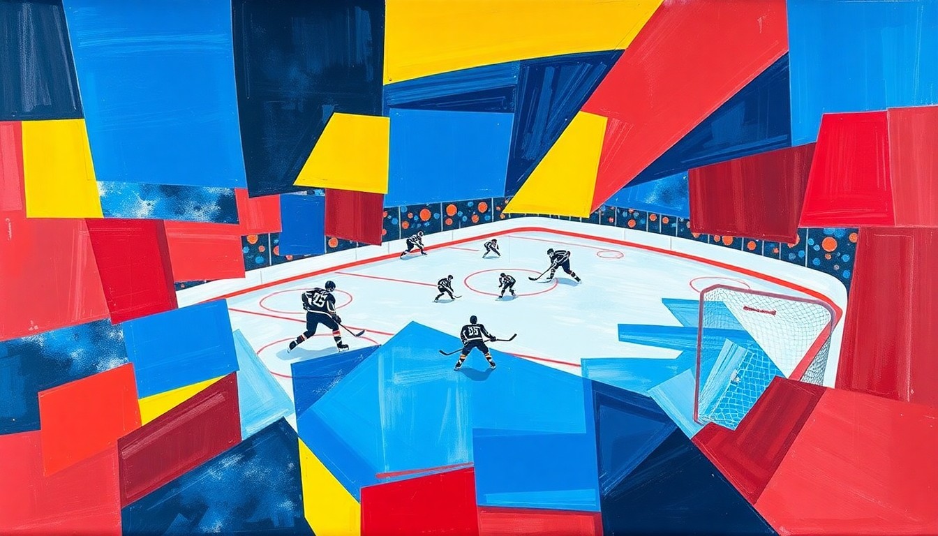 A cubist, geometric painting depicting a hockey game, with the players and arena broken down into sharp, overlapping shapes in a vibrant color palette.