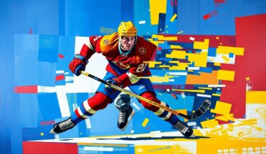 A fractured, multi-perspective painting featuring sharp, overlapping geometric planes in vibrant blues, reds, and yellows, conceptually representing the dynamic motion of a hockey player.