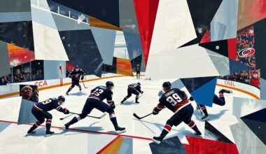 A fragmented, geometric painting depicting a hockey game, with players and the rink broken down into abstract shapes and angles, conveying the fast-paced intensity of the sport.