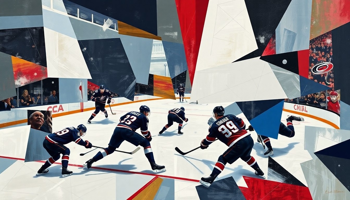 A fragmented, geometric painting depicting a hockey game, with players and the rink broken down into abstract shapes and angles, conveying the fast-paced intensity of the sport.