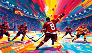 An abstract, energetic painting in neon colors depicting the fast-paced action and scoring plays of a professional hockey game, with players