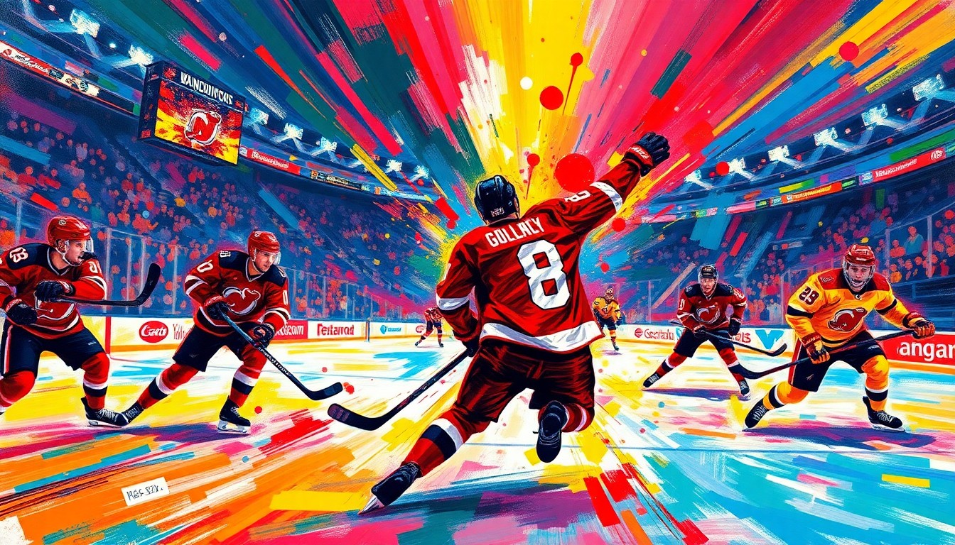 An abstract, energetic painting in neon colors depicting the fast-paced action and scoring plays of a professional hockey game, with players