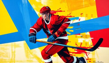 A fractured, geometric painting depicting a hockey player in motion, with sharp planes of red, blue, and yellow, capturing the raw energy and movement of the sport.
