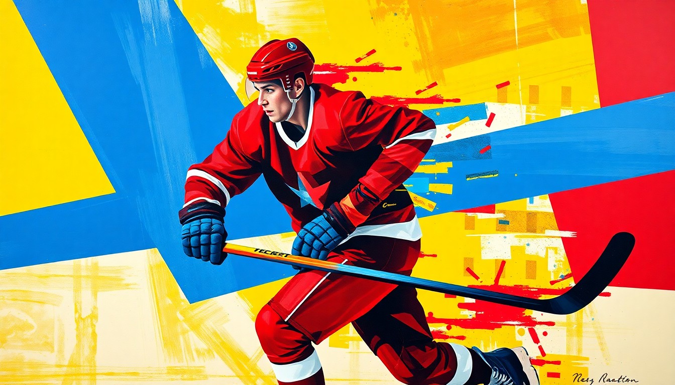 A fractured, geometric painting depicting a hockey player in motion, with sharp planes of red, blue, and yellow, capturing the raw energy and movement of the sport.