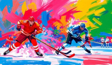 An abstract, energetic painting in bold, neon-colored brushstrokes, capturing the raw intensity and motion of a hockey game.