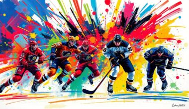 An abstract, expressionist painting featuring bold, neon-colored brushstrokes that capture the raw energy and intensity of a professional hockey game, with players