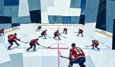 A fractured, multi-perspective painting depicting a hockey game, with the ice, players, and equipment broken down into sharp, overlapping geometric shapes and planes of color.