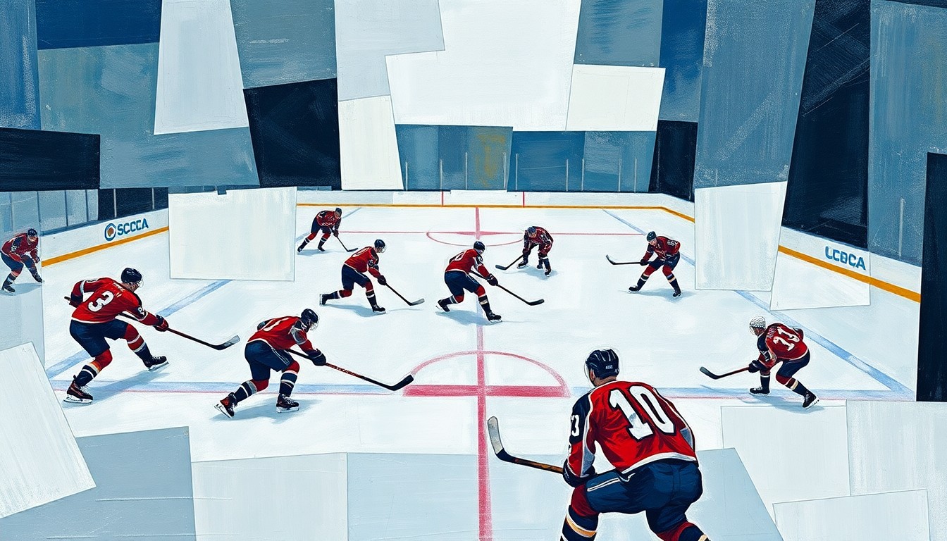 A fractured, multi-perspective painting depicting a hockey game, with the ice, players, and equipment broken down into sharp, overlapping geometric shapes and planes of color.