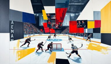 A fragmented, geometric painting depicting the motion and energy of a hockey game, with players and the puck represented through overlapping angular shapes and planes of color.
