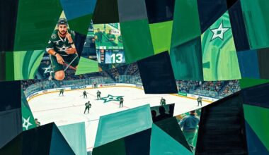 A cubist, geometric painting depicting a Dallas Stars hockey game, with sharp, overlapping planes of color and form representing the team