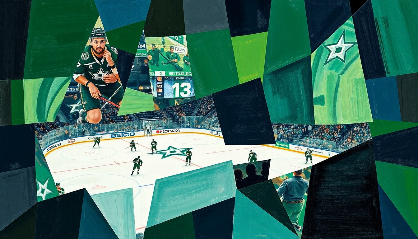 A cubist, geometric painting depicting a Dallas Stars hockey game, with sharp, overlapping planes of color and form representing the team