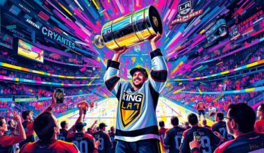 An explosive, expressionist painting in vibrant neon colors depicting Los Angeles Kings captain Anze Kopitar raising the Stanley Cup trophy, surrounded by a swirling, energetic background of players, fans, and the Crypto.com Arena.