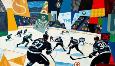 A fragmented, geometric painting depicting the action of a hockey game, with the players and ice surface broken down into sharp, overlapping planes of color and shape, capturing the energy and intensity of the matchup between the two American goalies.