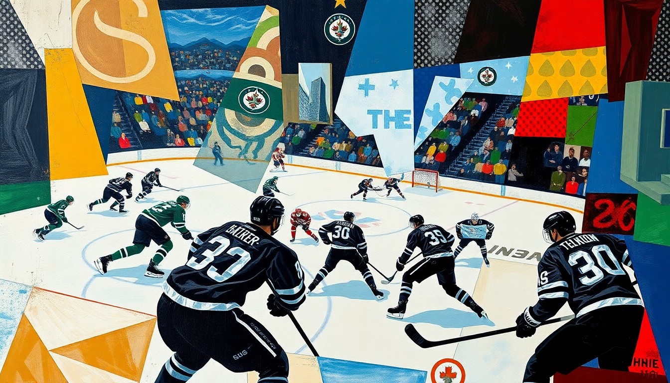 A fragmented, geometric painting depicting the action of a hockey game, with the players and ice surface broken down into sharp, overlapping planes of color and shape, capturing the energy and intensity of the matchup between the two American goalies.