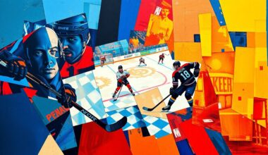 A cubist, geometric painting depicting fragmented hockey players and action, rendered in bold, vibrant colors that capture the energy and intensity of the playoffs.