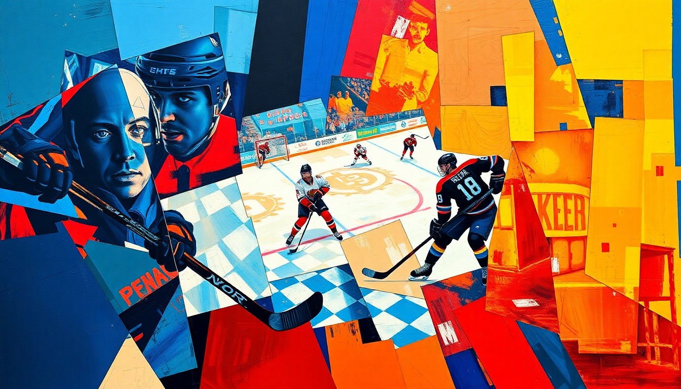 A cubist, geometric painting depicting fragmented hockey players and action, rendered in bold, vibrant colors that capture the energy and intensity of the playoffs.
