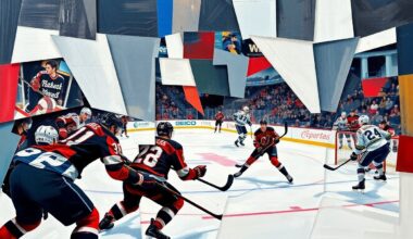 A fragmented, cubist-style painting depicting a hockey game between the New Jersey Devils and Washington Capitals, with the players