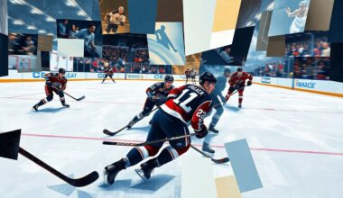 A dynamic, geometric painting featuring overlapping planes of ice, hockey sticks, and blurred player movements, conveying the fast-paced excitement of a professional hockey game.