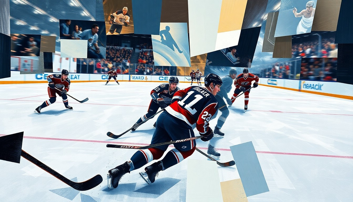 A dynamic, geometric painting featuring overlapping planes of ice, hockey sticks, and blurred player movements, conveying the fast-paced excitement of a professional hockey game.