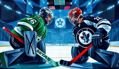 A cubist, geometric painting depicting the action of a hockey game, with the two goaltenders, Oettinger and Hellebuyck, as the central focus, their figures fractured and abstracted into overlapping planes of color and shape.