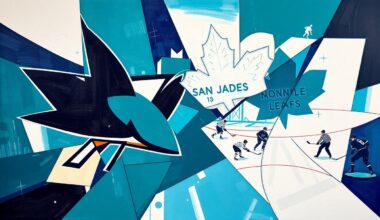 A cubist, geometric painting depicting a hockey game between the San Jose Sharks and Toronto Maple Leafs, with the players and action broken down into sharp, overlapping planes of vibrant teal, white, and navy blue colors.