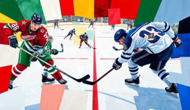 A fractured, geometric painting depicting the action of a hockey game, with sharp planes of color representing the players, sticks, and ice, conveying the intensity and strategic nature of the matchup between the Dallas Stars and Winnipeg Jets.
