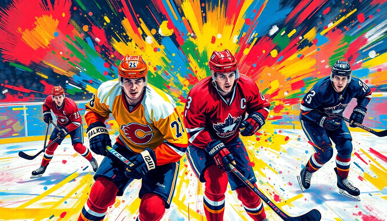 An abstract, expressionist painting featuring vibrant brushstrokes of neon blue, green, and red, capturing the dynamic movement and energy of a hockey game.