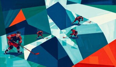A cubist, geometric painting depicting the movement and action of an NHL hockey game, with players and the puck rendered as fragmented, overlapping shapes in a bold color palette.