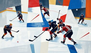 A fractured, geometric painting depicting the dynamic movements and energy of a hockey game, with players and equipment broken down into sharp, overlapping planes of color and form.