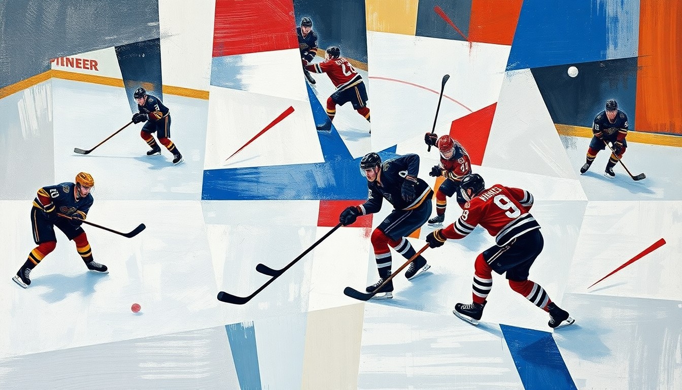 A fractured, geometric painting depicting the dynamic movements and energy of a hockey game, with players and equipment broken down into sharp, overlapping planes of color and form.
