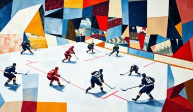 A fragmented, geometric painting in the style of Pablo Picasso, depicting a hockey game in an abstract, multi-perspective manner, with players and the ice surface broken down into sharp, overlapping planes of color and shape.