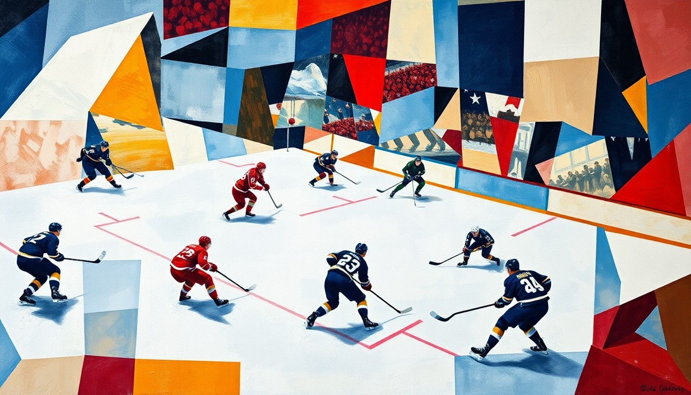 A fragmented, geometric painting in the style of Pablo Picasso, depicting a hockey game in an abstract, multi-perspective manner, with players and the ice surface broken down into sharp, overlapping planes of color and shape.