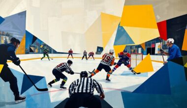 A cubist, geometric painting depicting a hockey game, with the players and action broken down into sharp, overlapping planes of color and abstract shapes, capturing the intensity and movement of the sport.