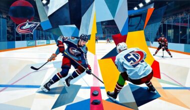 A cubist-style painting depicting a hockey game between the Columbus Blue Jackets and Carolina Hurricanes, with the players and ice surface broken down into sharp, overlapping geometric shapes and planes in a vibrant color palette.