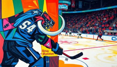 A fragmented, geometric painting depicting the movement and energy of a hockey game, with the colors of the Utah Mammoth and Seattle Kraken teams interwoven in an abstract composition.