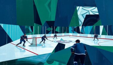 A cubist, geometric painting depicting a hockey game, with the players and ice broken down into sharp, overlapping shapes in shades of blue, green, and silver, conveying the intensity and drama of the game.